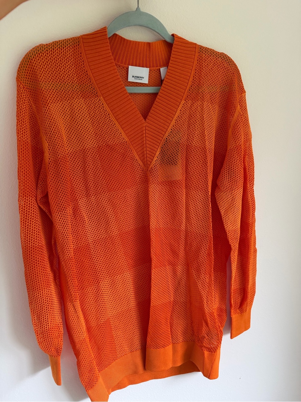 Burberry "Zoie" Check Open-Knit Mesh V-Neck Jumper Sweater - Orange (Size M)